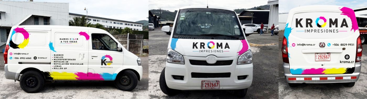 Van de KROMA Impresiones rotulada con la identidad CMYK de la marca, vista en tres ángulos